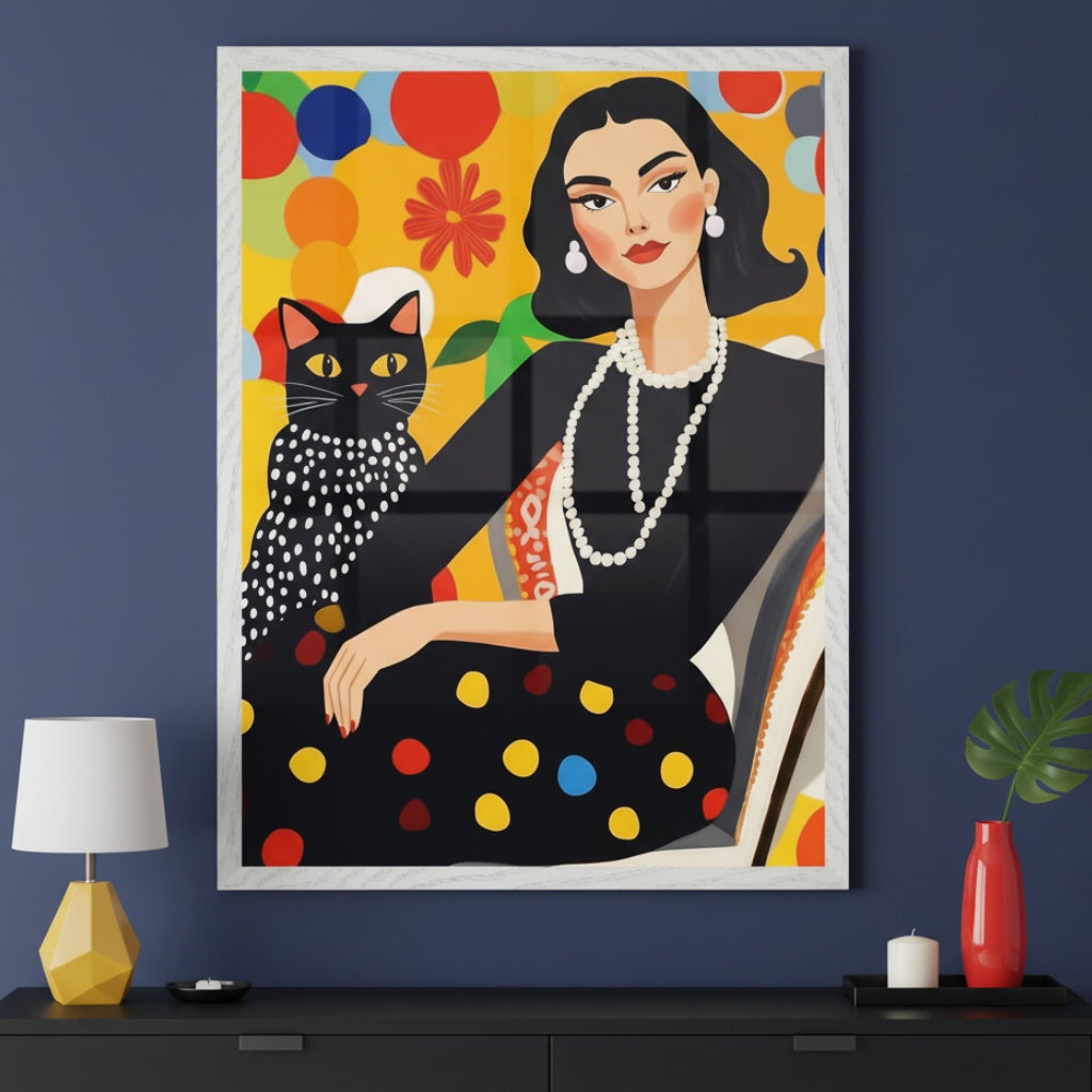 Modern room with a black console table against a dark blue wall. A large framed graphic art print of a woman in a polka-dotted black dress sitting with a polka-dotted black cat is centered above the table. The background is yellow with colorful circles.