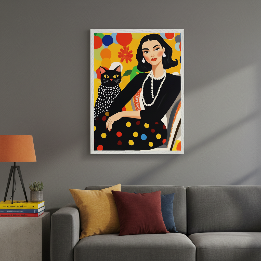 Modern living room with a gray sofa. A large framed graphic print of a woman in a black dress and pearl necklace with a black spotted cat, against a yellow background with colorful circles and a red flower, hangs above the sofa to the right of an orange table lamp.