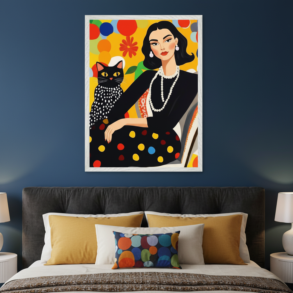 Modern bedroom with a dark gray upholstered bed. A large framed illustration hangs above the bed on a dark blue wall. The artwork depicts a woman in a black polka-dot dress and pearls, with a black cat, against a yellow background with colorful circles.