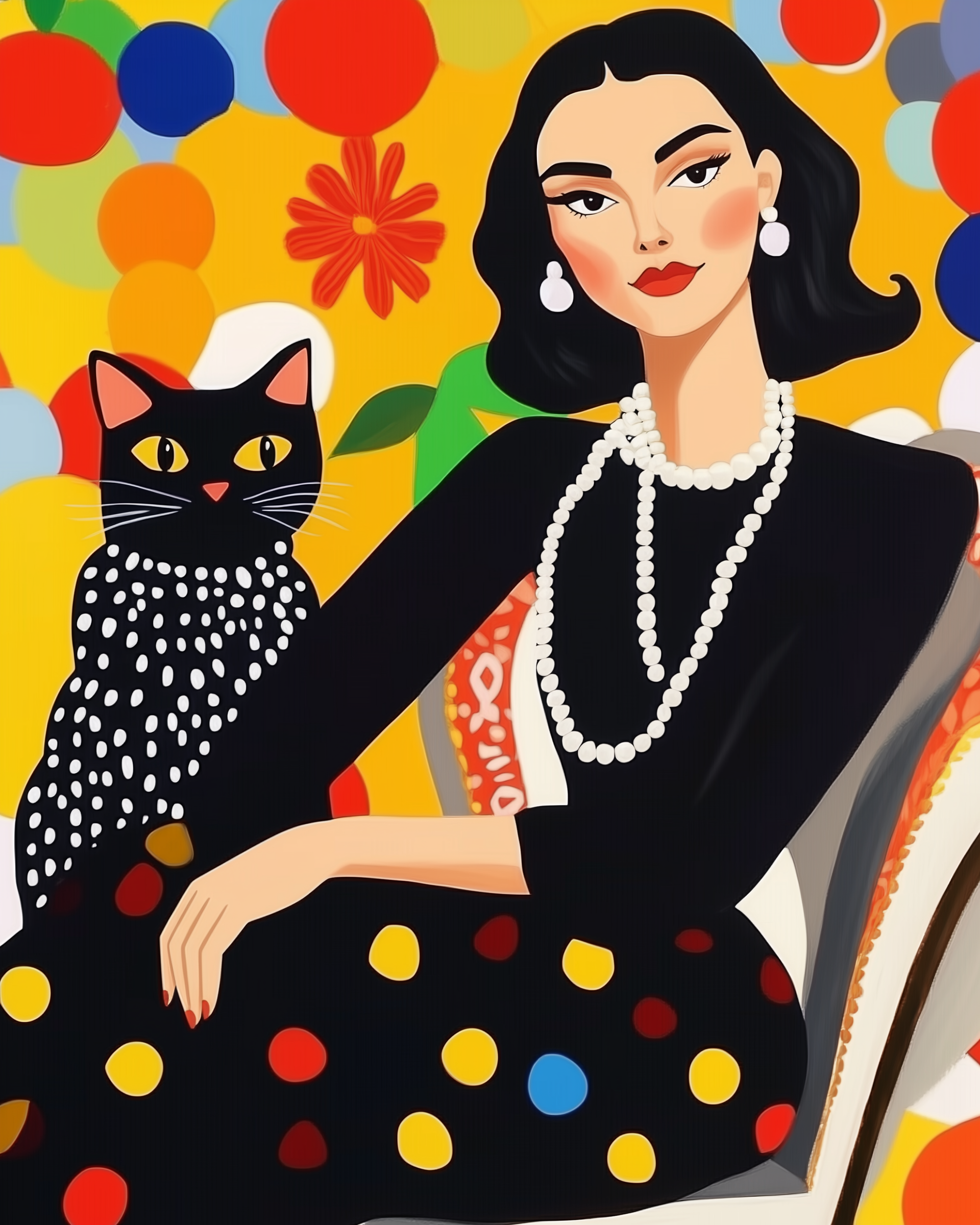 Pearl Muse - Woman and Cat Framed Wall Art for Living Room, Bedroom or Office