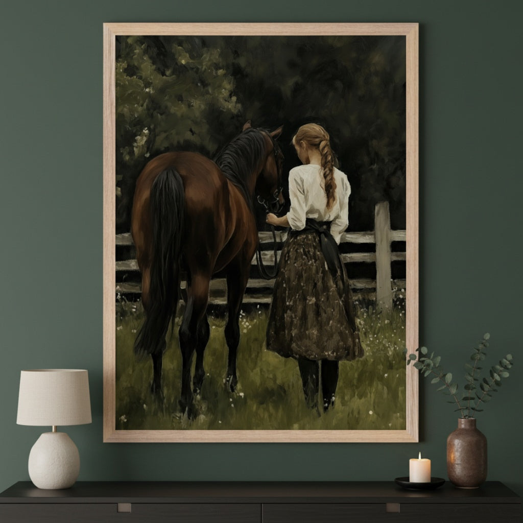 Modern room with a dark green wall and a dark console table. A large framed painting of a woman leading a brown horse in a field hangs centered above the console. The woman is seen from behind, wearing a white shirt and long skirt.