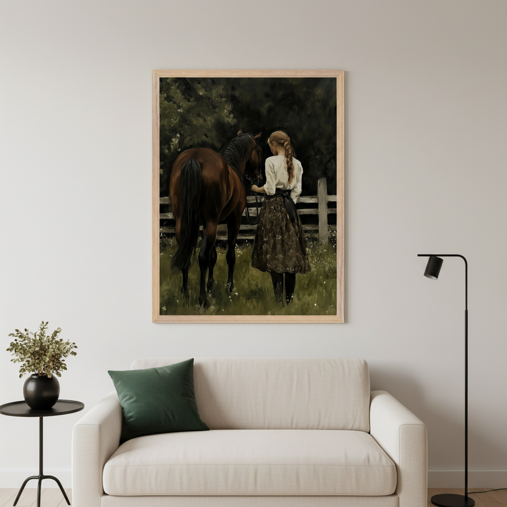 Modern living room with a beige sofa, a black side table, and a black floor lamp. A large framed painting with a light wood frame of a woman leading a brown horse in a field hangs centered above the sofa.