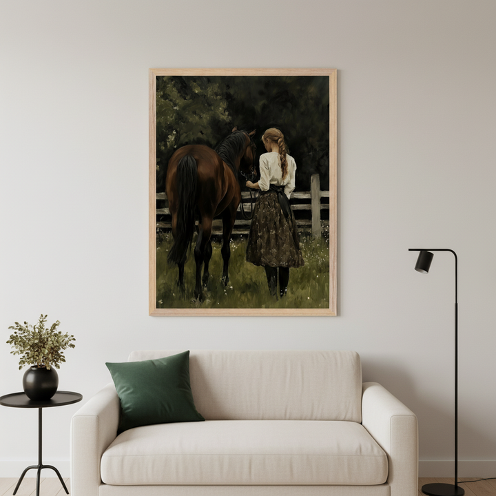 Modern living room with a beige sofa, a black side table, and a black floor lamp. A large framed painting with a light wood frame of a woman leading a brown horse in a field hangs centered above the sofa.