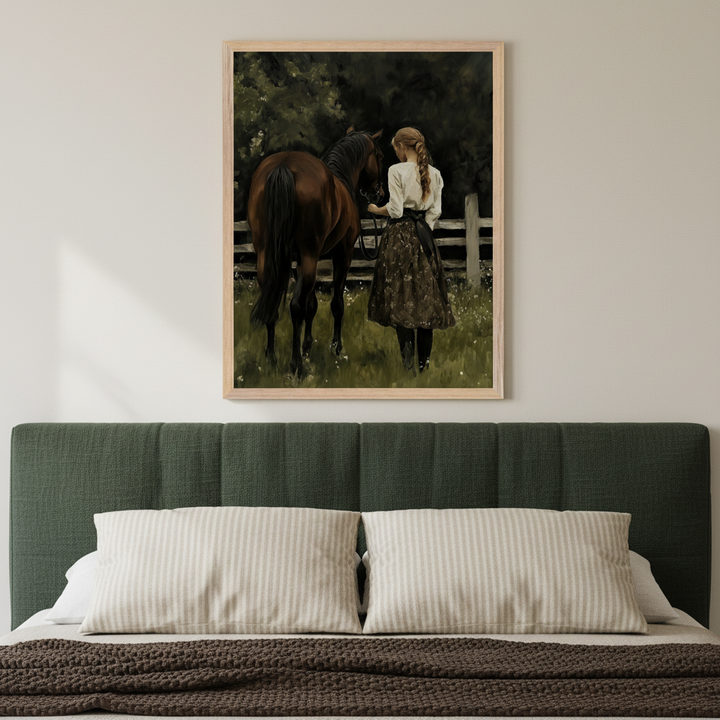 Bedroom with a dark green upholstered headboard and striped pillows. A framed painting, centered above the bed, shows a woman next to a brown horse in a field.