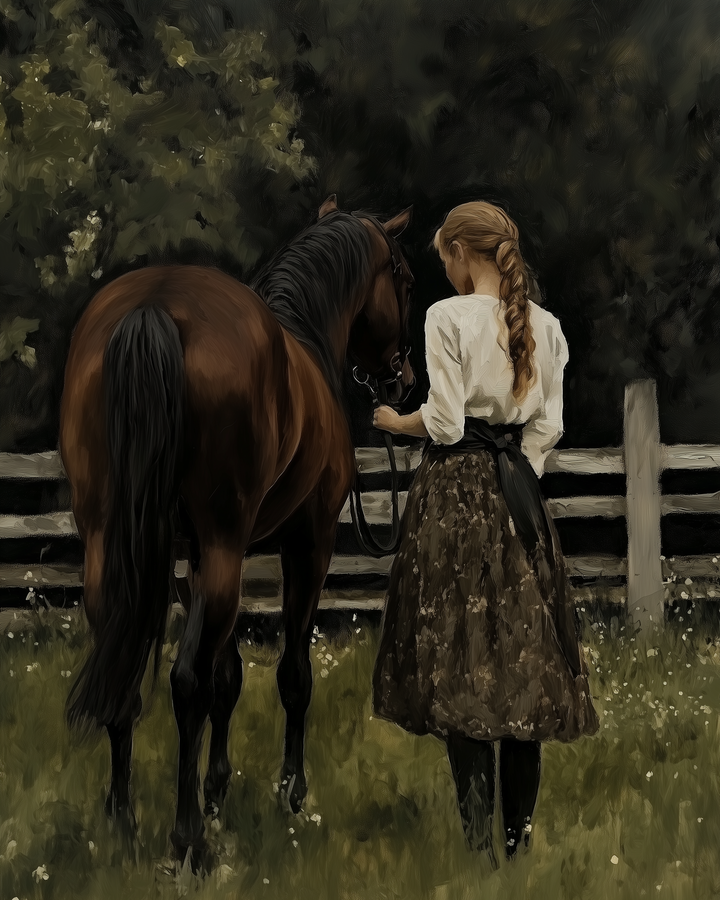 A girl with a long braid stands beside a brown horse in a grassy field near a white fence.
