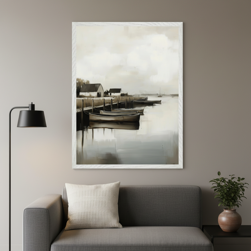 Modern living room with a gray sectional sofa and a black floor lamp. A large framed painting of a serene harbor scene with boats and houses in a muted, painterly style hangs centered above the sofa.