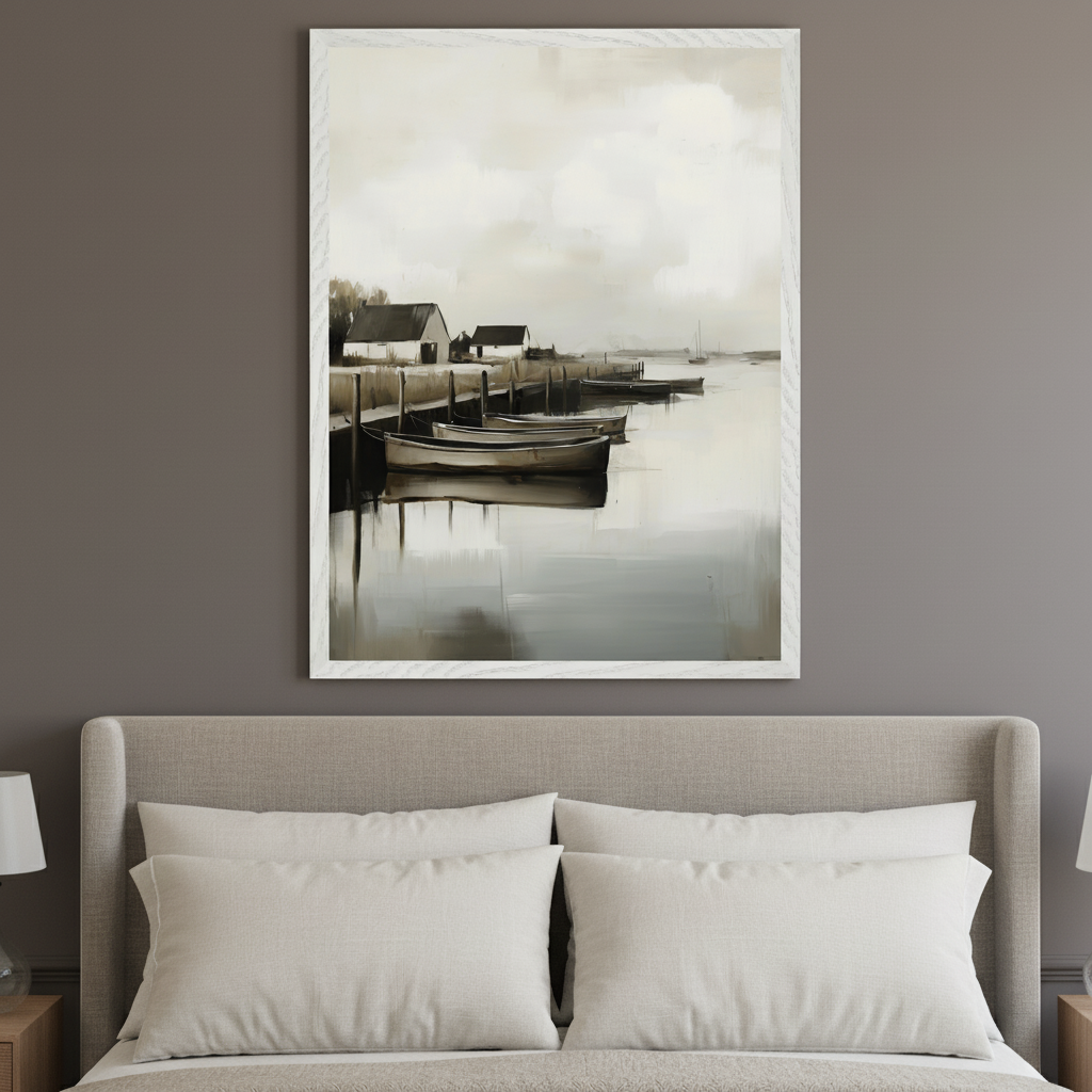 Bedroom with a grey upholstered bed. A large framed painterly artwork of a calm harbor scene with docked boats and buildings hangs above the bed on a dark grey wall.