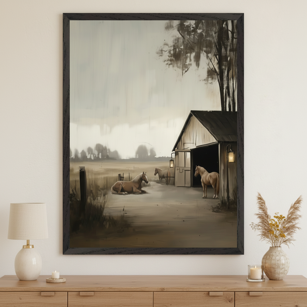 Rustic Haven Scene - Horses Framed Wall Art for Living Room, Bedroom or Office