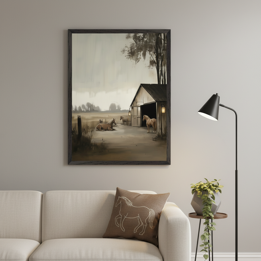 Modern living room with a white sofa. A large framed painting of horses near a barn in a rural landscape, rendered in muted earthy tones, hangs above the sofa. A black floor lamp stands to the right.