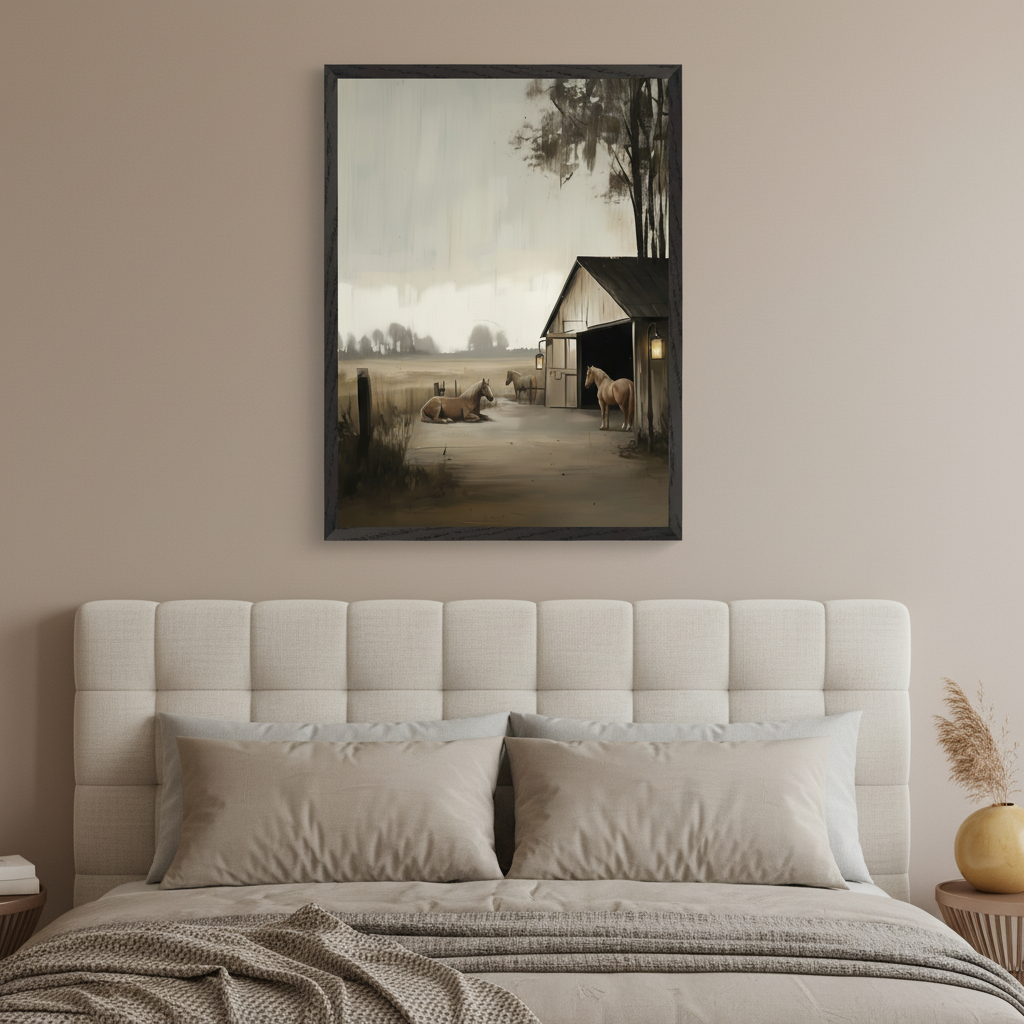 Modern bedroom with a beige tufted bed. Centered above the bed hangs a framed painting of a rustic barn with horses in a rural landscape, rendered in muted earthy tones.