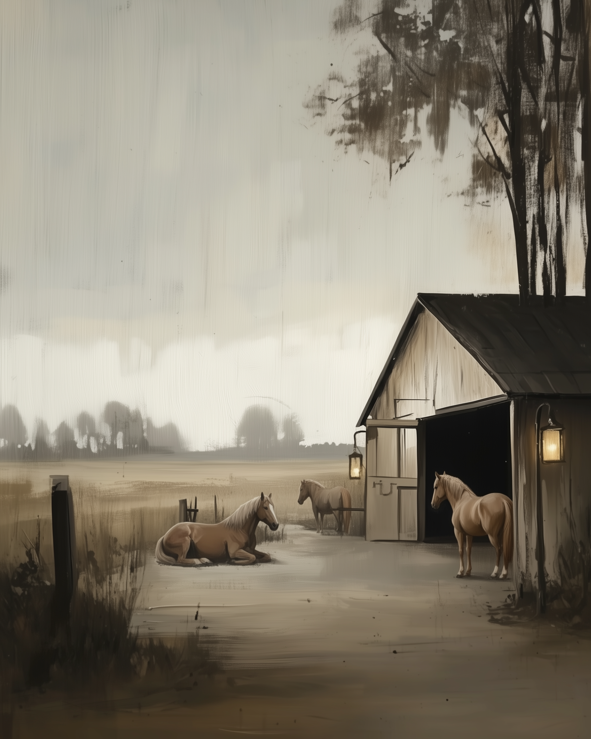 Rustic Haven Scene - Horses Framed Wall Art for Living Room, Bedroom or Office