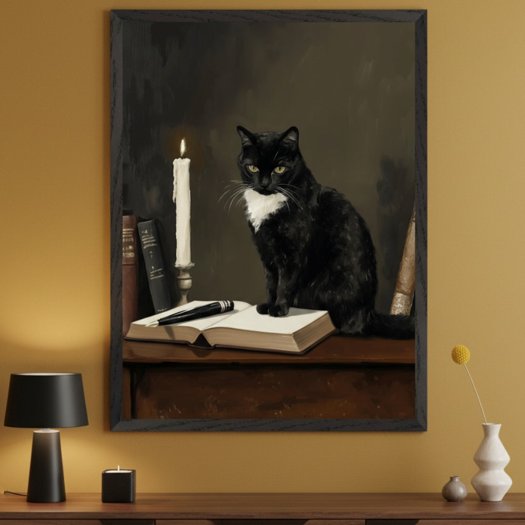 Modern room with warm yellow walls and a dark wooden dresser. A large framed painting hangs above the dresser. The artwork shows a black cat with a white chest, yellow eyes, sitting on an open book next to a lit candle and books, in a dark, classical style.