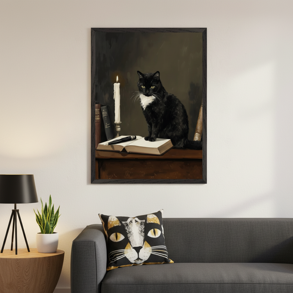 Living room with a dark gray sofa. A framed painting of a black cat with a white chest sitting on an open book with a candle and other books is centered above the sofa. A cat-face pillow rests on the sofa.