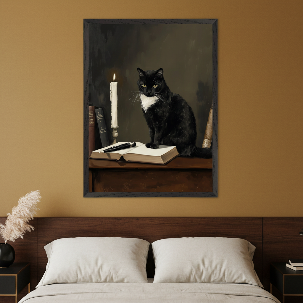 Modern bedroom with a bed and dark wooden headboard. A large framed painting of a black cat with a white chest, sitting on an open book next to a lit candle, in a dark, classical style, hangs centered above the bed.