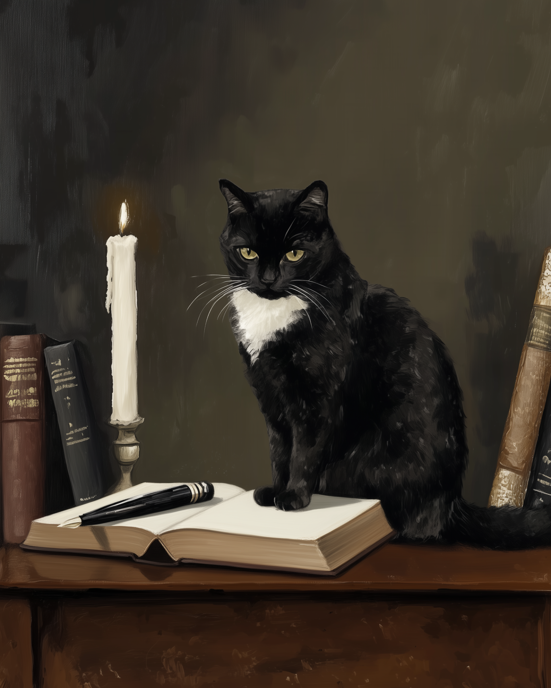 A black and white cat sits on an open book beside a lit candle and a stack of old books.
