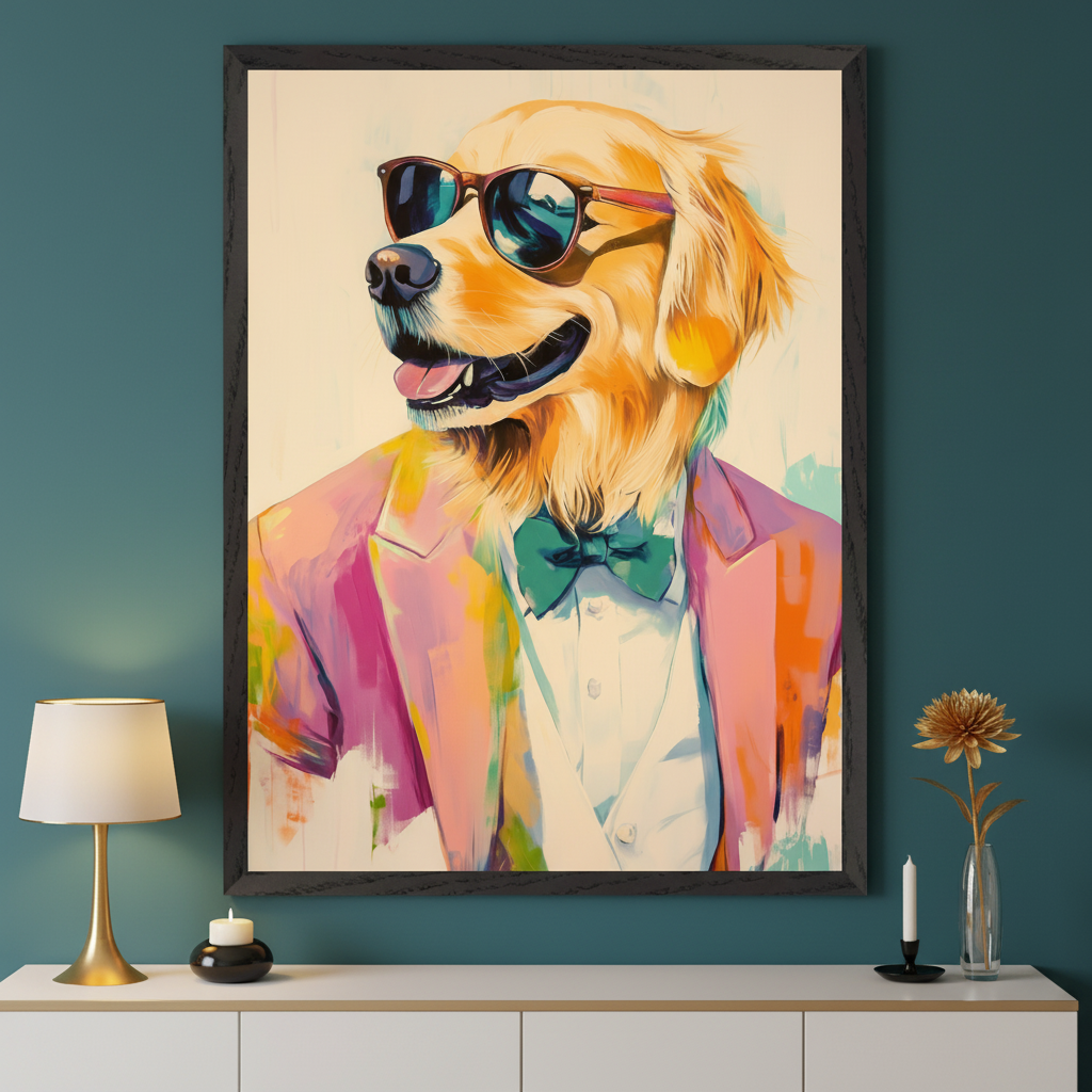 Modern room with a dark teal wall and white console table. A large framed painting of a golden retriever wearing a pink suit, white shirt, green bow tie, and sunglasses hangs centered above the console. The artwork is in a vibrant, painterly style.