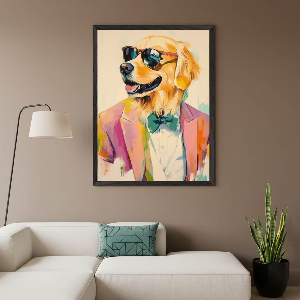 Modern living room with a white sectional sofa. A framed, vibrant pop art painting of a golden retriever in sunglasses and a pink suit hangs above the sofa on a brown wall.