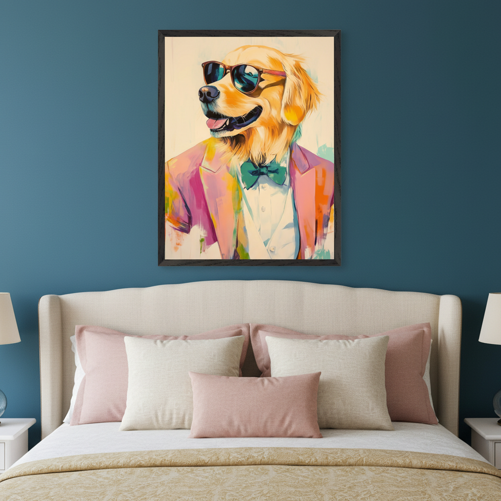 Modern bedroom with a large upholstered bed and pink and off-white pillows. Above the bed, a framed portrait of a Golden Retriever wearing sunglasses, a pink suit, and a teal bow tie, in a painterly style, hangs on a dark blue wall.