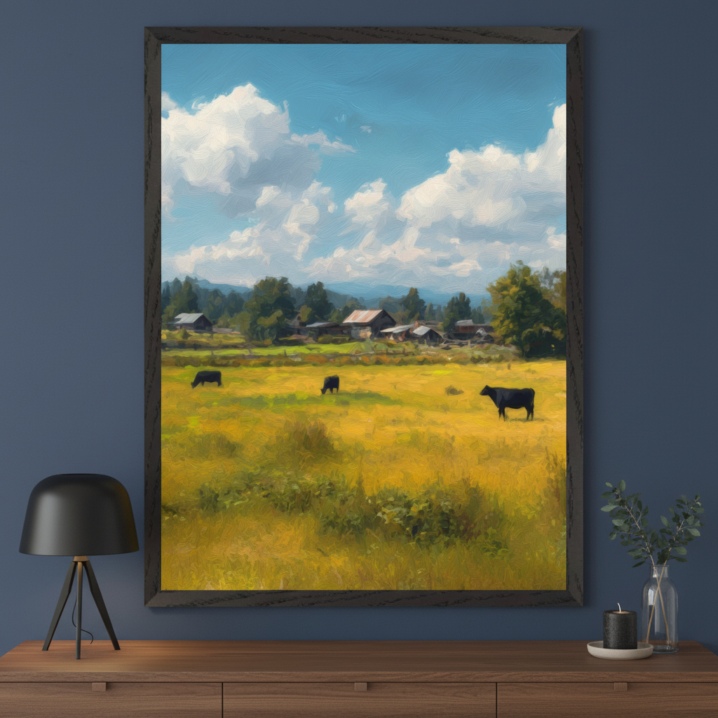 Modern room with a dark wood dresser. A large framed oil painting style artwork of a rural farm scene with a yellow field, distant buildings, trees, and three black cows under a cloudy blue sky hangs above the dresser.