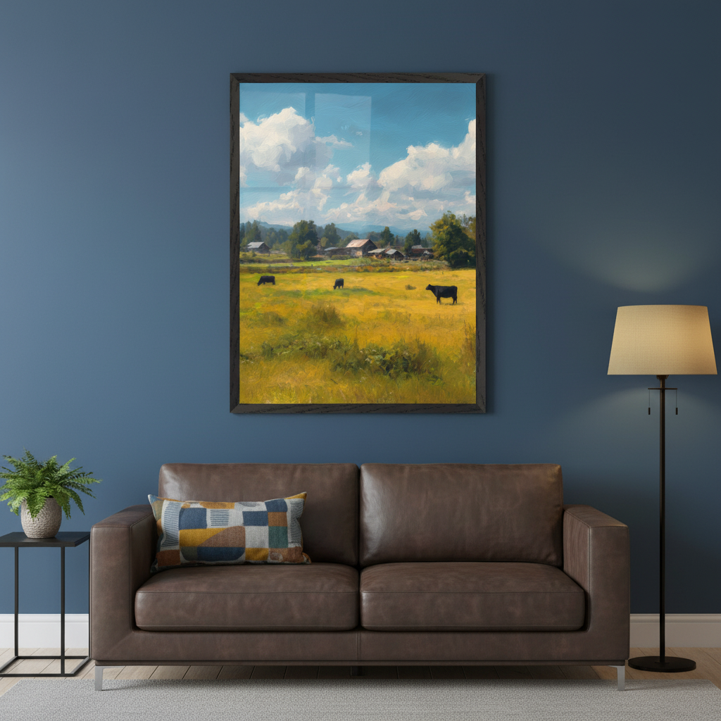Living room with a brown leather sofa. A large framed oil painting of a farm scene with cows in a yellow field under a blue sky hangs centered above the sofa. A side table with a plant and a floor lamp flank the sofa.