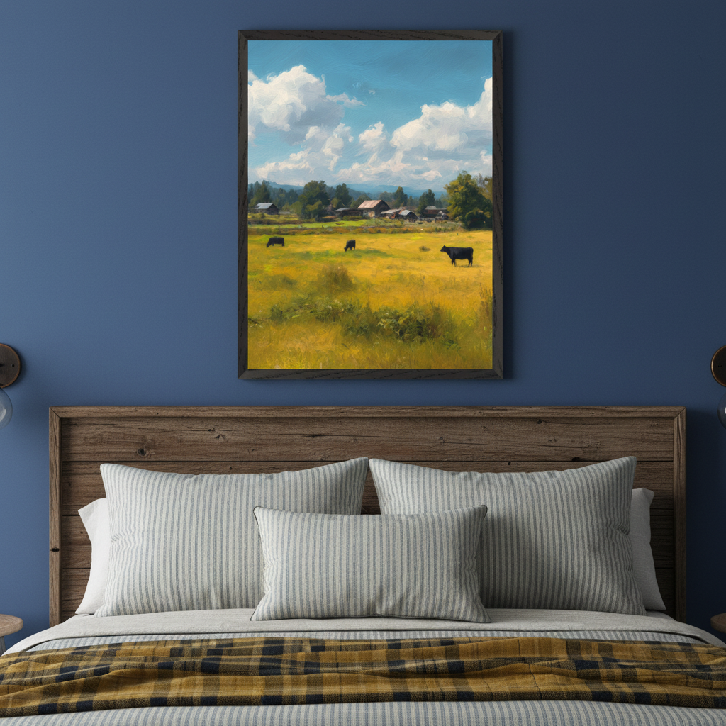 Bedroom with a blue wall and rustic wooden headboard. A large framed oil painting of a yellow field with farm buildings and three black cows hangs above the bed. Striped pillows and a plaid blanket are on the bed.