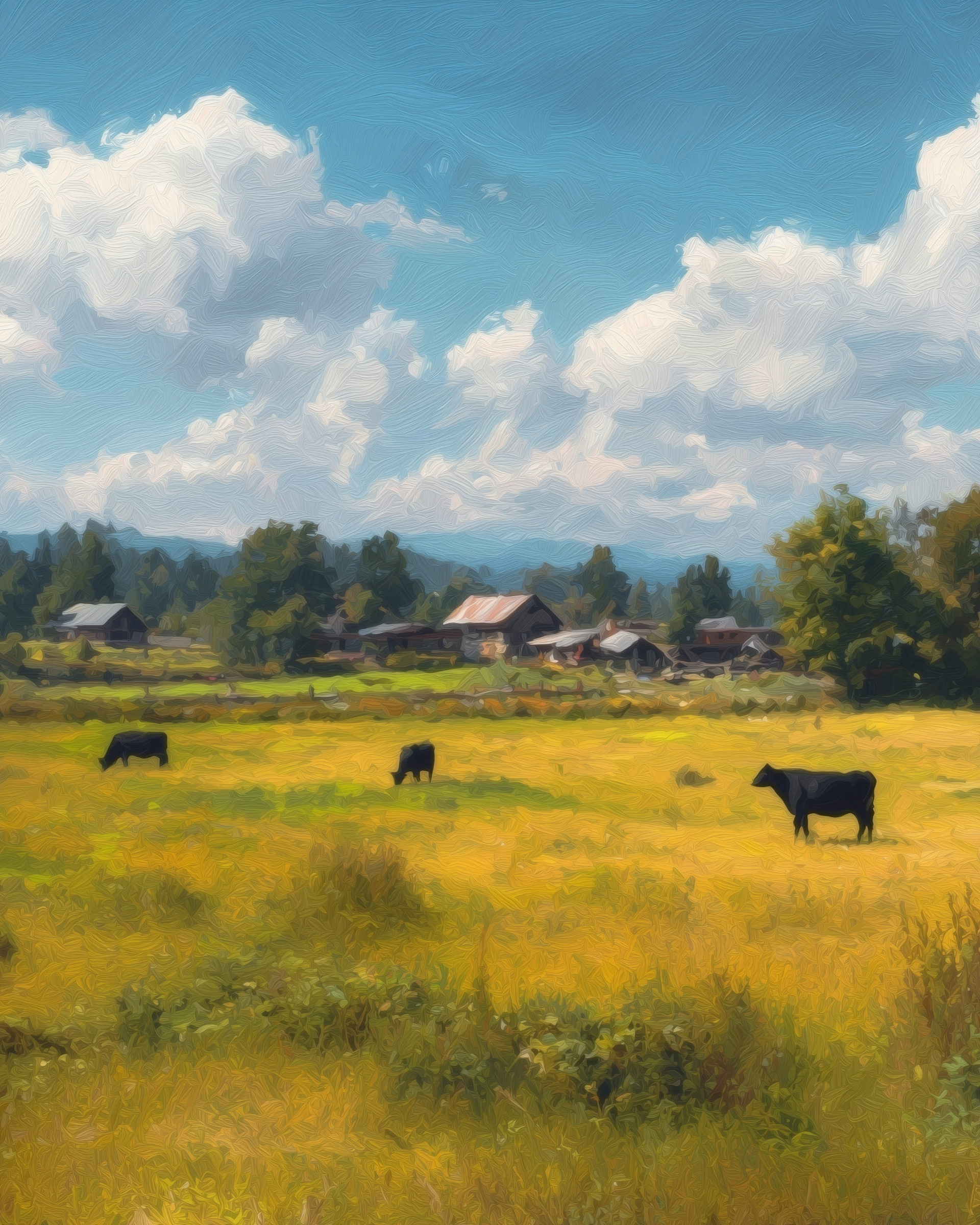 Black cows graze in a wide yellow field under a blue sky with fluffy clouds and distant farmhouses.