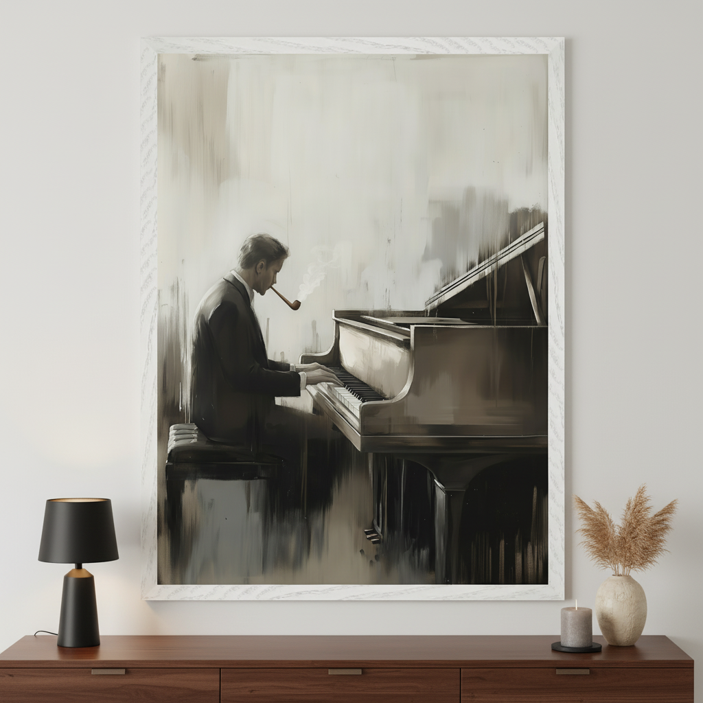 Modern living room with a dark wooden credenza. A large framed painting hangs above it, depicting a man in a suit playing a grand piano while smoking a pipe, rendered in an impressionistic style with a muted color palette.