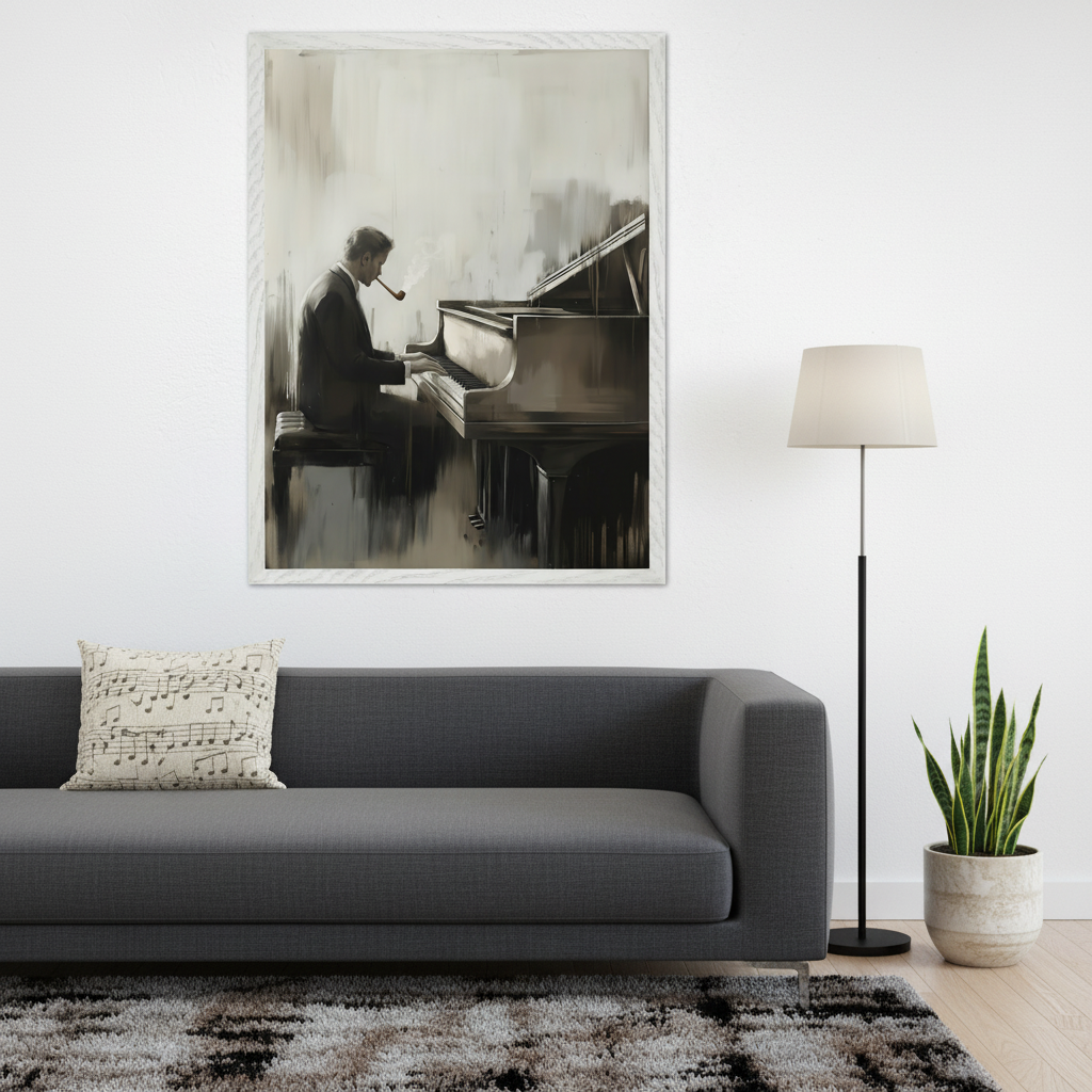 Living room with a dark gray sofa. A large framed painting of a man playing a grand piano and smoking a pipe hangs above the left sofa section. The art is in muted, painterly tones.