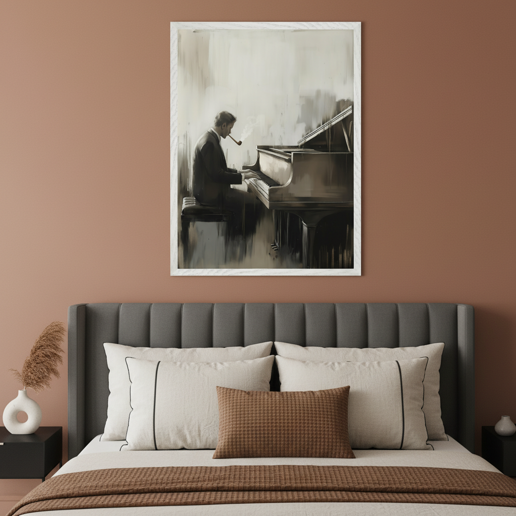 Modern bedroom with a gray upholstered bed. A large framed painting of a man in a suit smoking a pipe and playing a grand piano hangs centered above the bed. The artwork is in a monochrome, textured style.