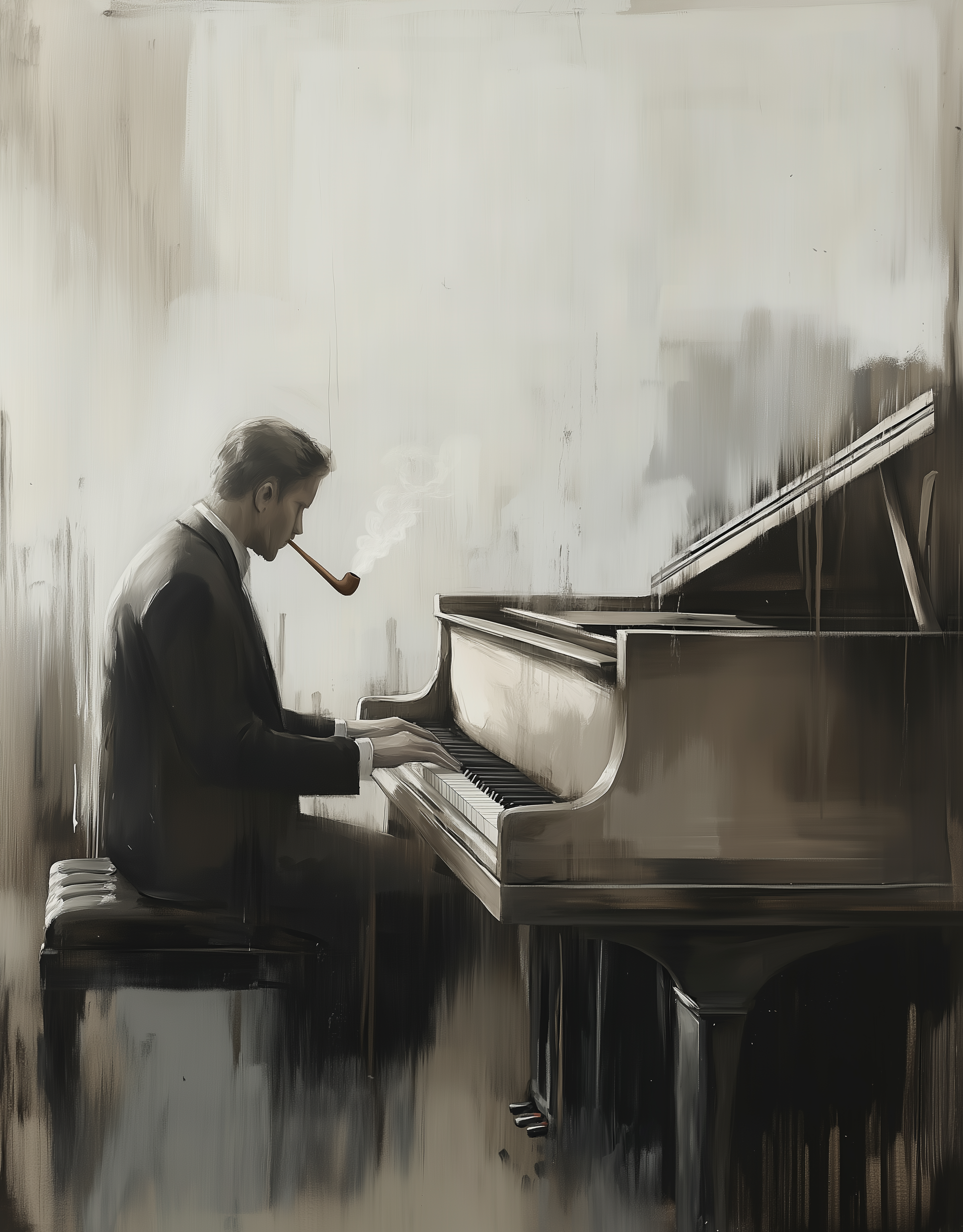 A man in a dark suit plays a grand piano while calmly smoking a pipe in a softly lit room.
