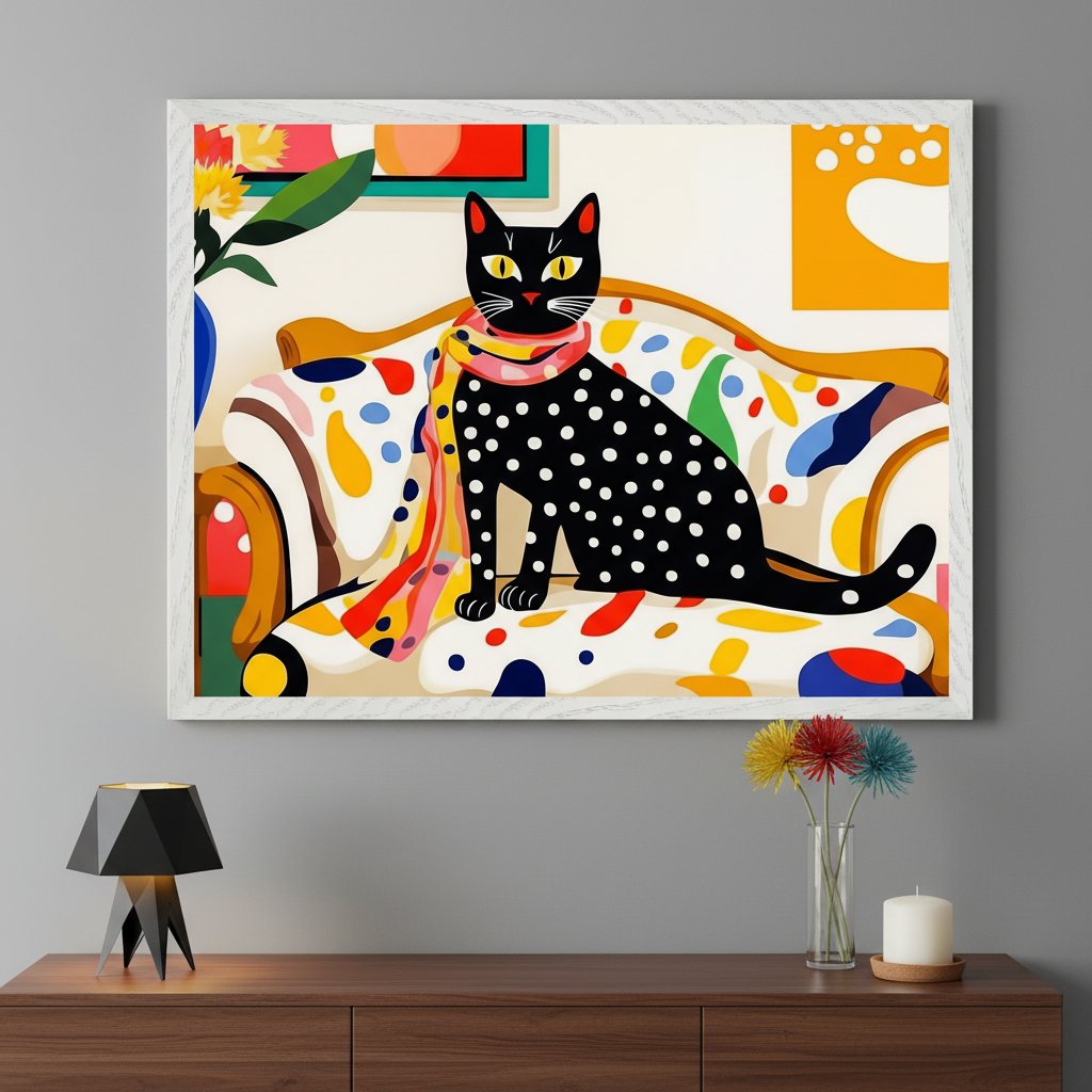 Modern living room with a dark blue wall and a wooden dresser. A large framed pop art print of a black polka-dotted cat with a colorful scarf on an abstract sofa hangs centered above the dresser. A white lamp, small vase with a flower, and a candle are on the dresser.