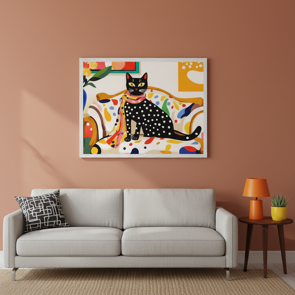 Living room with a light grey sofa and a black and white cushion. A large framed print of a black cat with white polka dots, a colorful scarf, sitting on a colorful patterned couch, with abstract shapes, hangs centered above the sofa. A side table with an orange lamp is on the right.