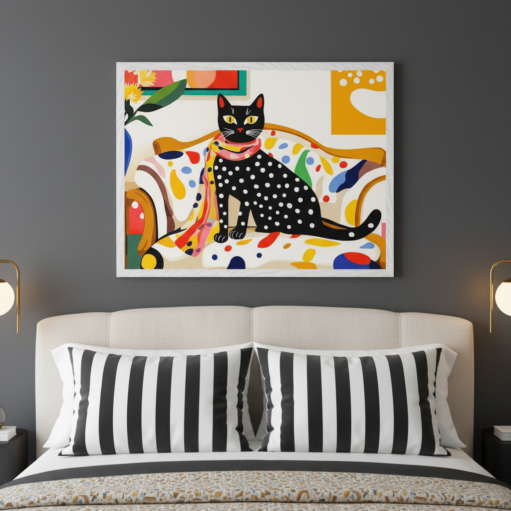 Modern bedroom with an upholstered bed, striped pillows, and nightstands. A large framed print of a polka-dotted black cat with a colorful scarf on a patterned sofa, in a flat, illustrative style, hangs centered above the bed.