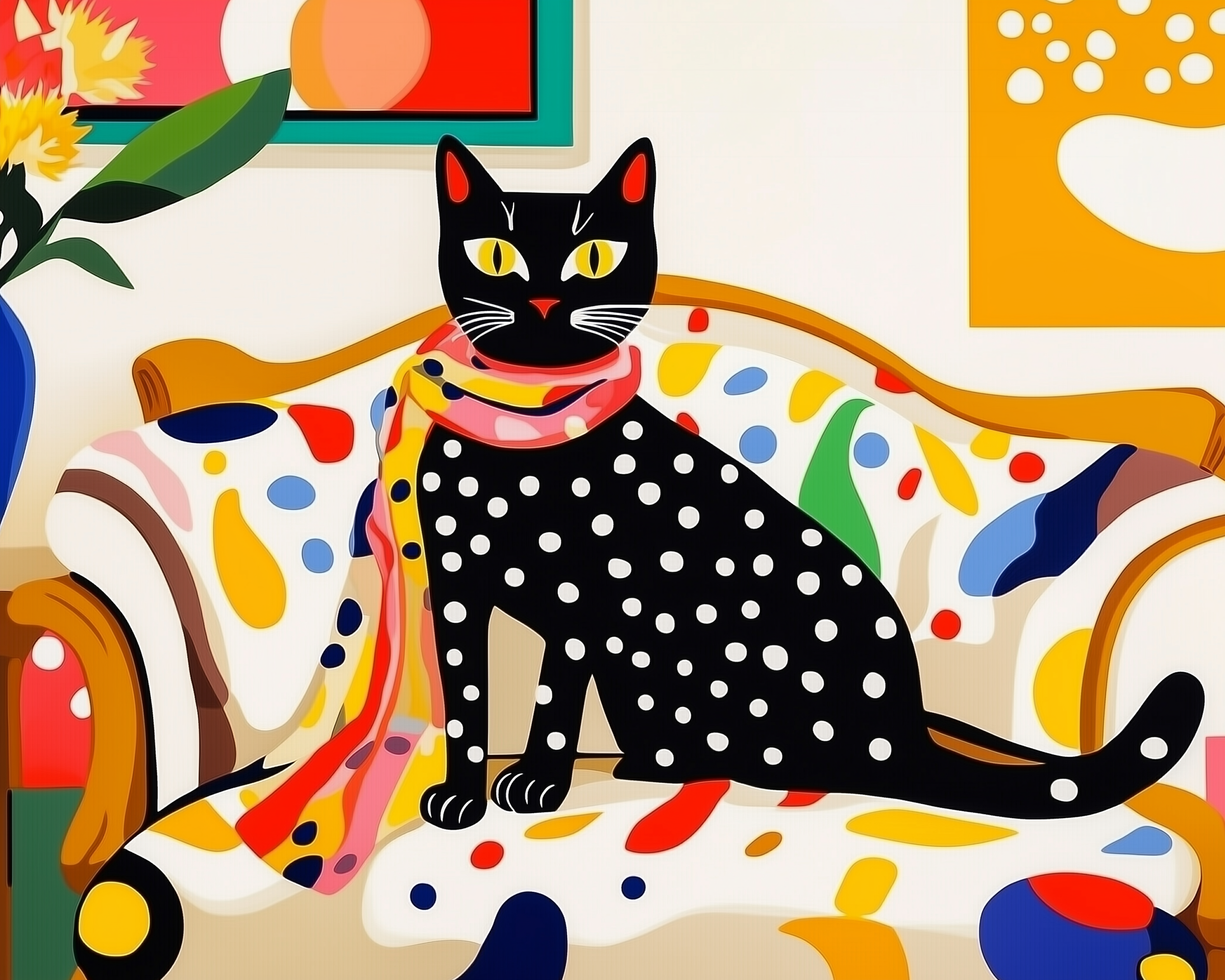 A black cat with white polka dots and a colorful scarf sits proudly on a spotted couch in a playful, modern living room.
