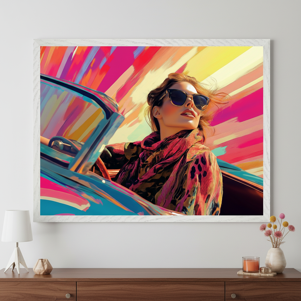 Modern room with a dark wood console table. A large framed painting of a woman in sunglasses driving a convertible hangs centered above, featuring a vibrant, abstract brushstroke background.