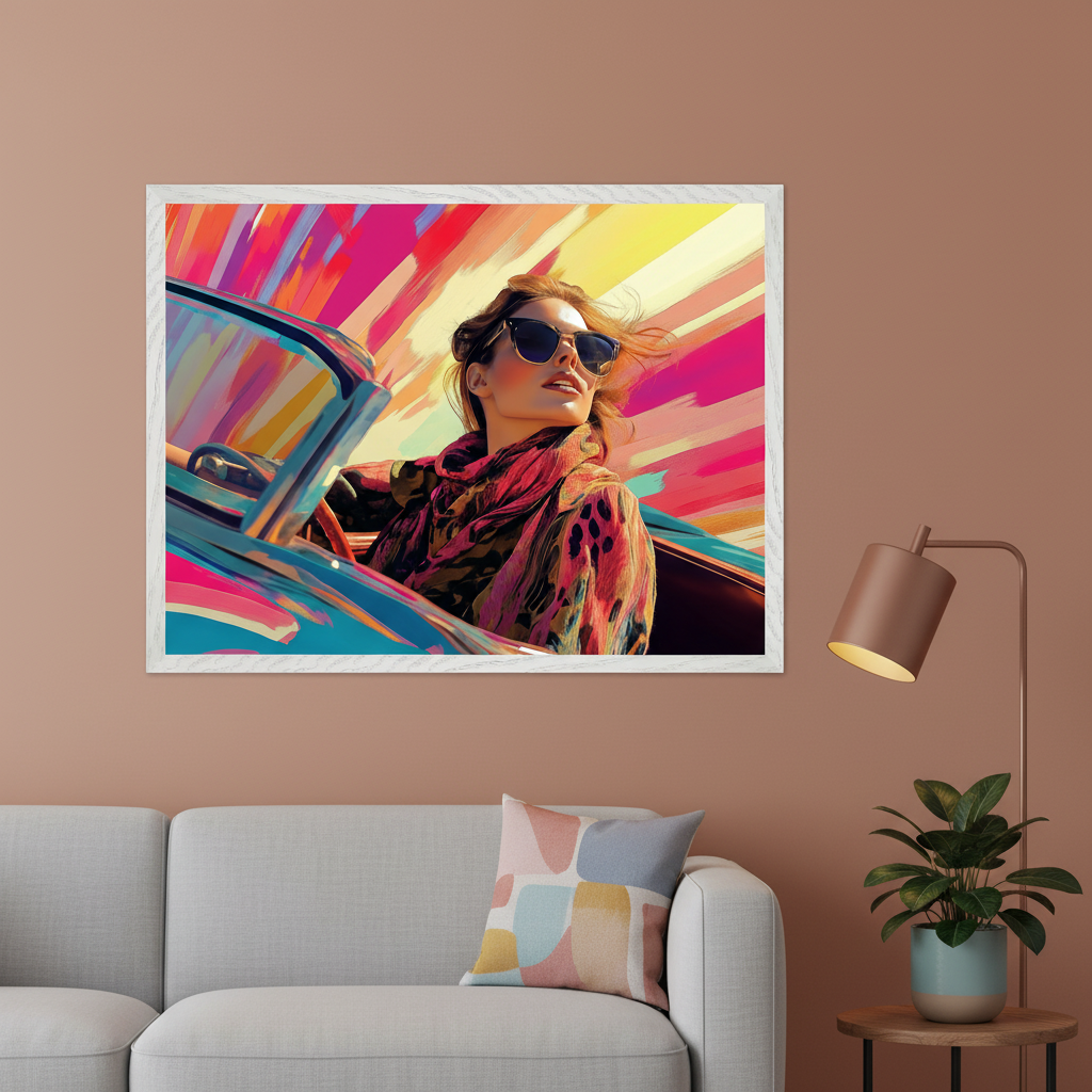 Modern living room with a light gray sectional sofa. A large framed print of a woman in sunglasses driving a convertible, depicted in a bold, colorful, painterly style with an abstract background, hangs above the sofa. A floor lamp and plant are on the right.