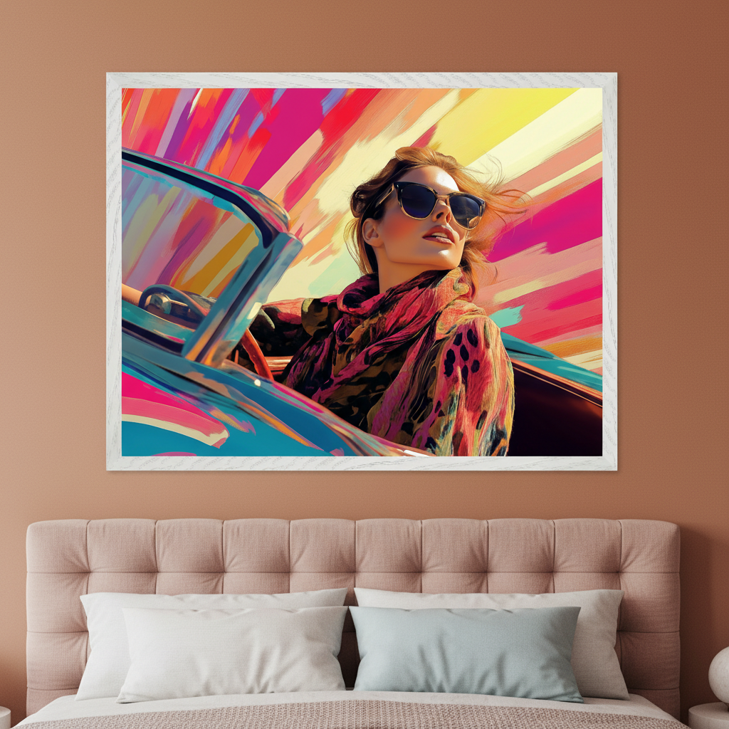 Modern bedroom with a light pink tufted headboard bed. A large framed, vibrant pop art print of a woman in sunglasses driving a car with a colorful abstract background hangs centered above the bed.