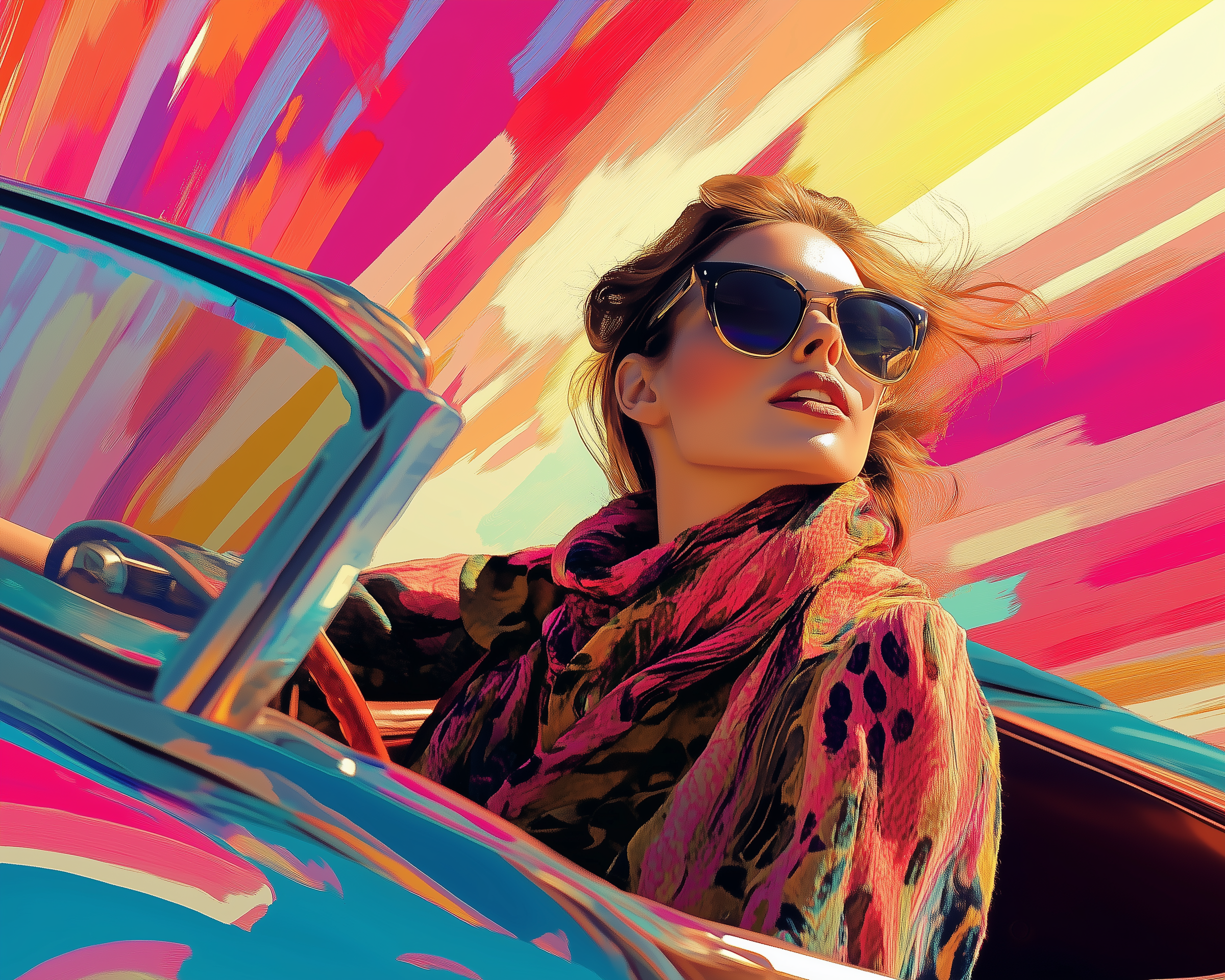 A confident woman in sunglasses and a bold scarf drives a convertible with bright, colorful streaks in the background.
