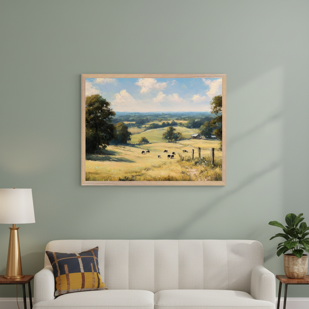 Living room with a light green wall and white sofa. A framed impressionistic landscape painting hangs above the sofa, depicting a sunny grassy field with cows, trees, rolling hills, and a distant barn under a blue cloudy sky. Side tables hold a lamp and a potted plant.