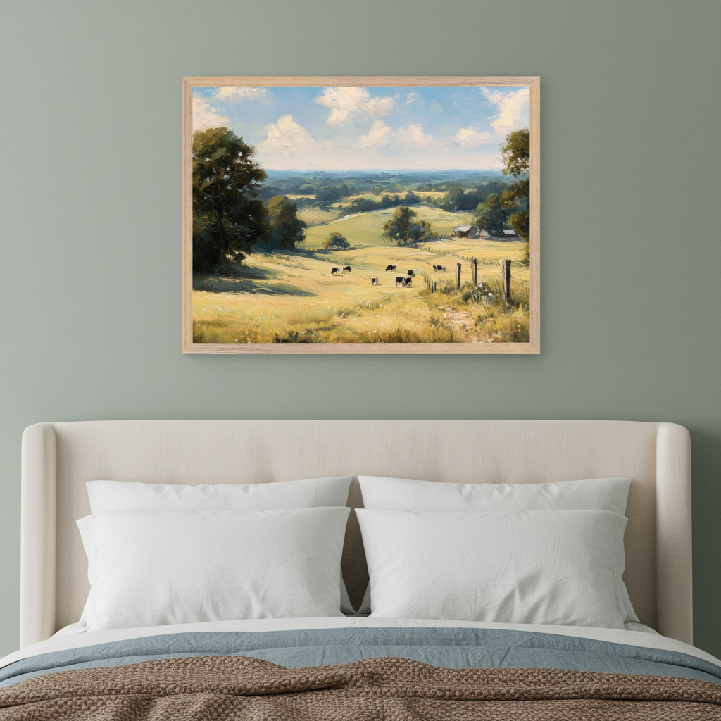 Modern bedroom with a cream upholstered bed. A framed pastoral landscape painting, showing rolling fields, cows, trees, and a barn under a cloudy sky, hangs centered above the headboard.