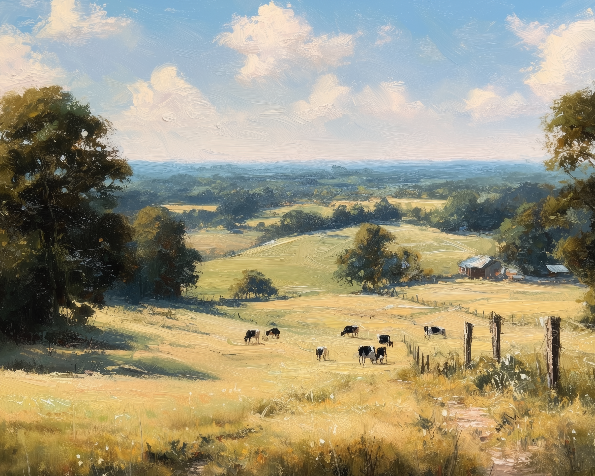 Black and white cows graze peacefully on golden fields that stretch toward distant trees and cozy countryside homes.
