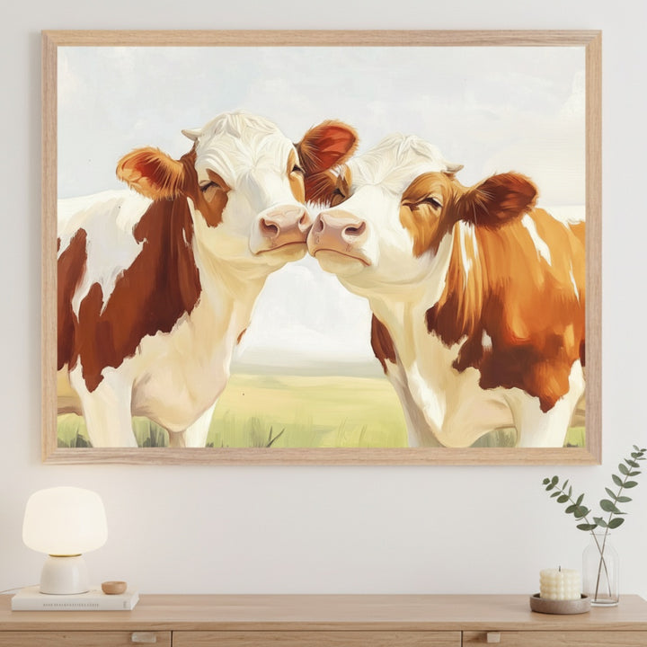 Modern room with a light wood dresser. A large framed painting of two brown and white cows with closed eyes and noses touching, set in a field, hangs centered above the dresser. The artwork has a painterly style.