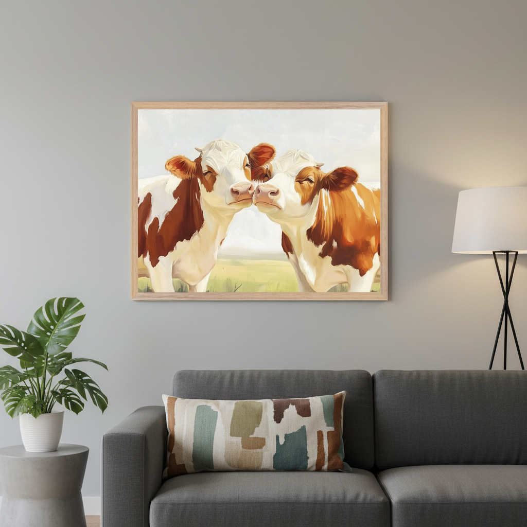 Modern living room with a dark gray sofa and a colorful lumbar pillow. A large framed painting of two brown and white cows touching noses hangs centered above the sofa. A potted Monstera plant sits on a side table to the left, and a black tripod floor lamp stands to the right.