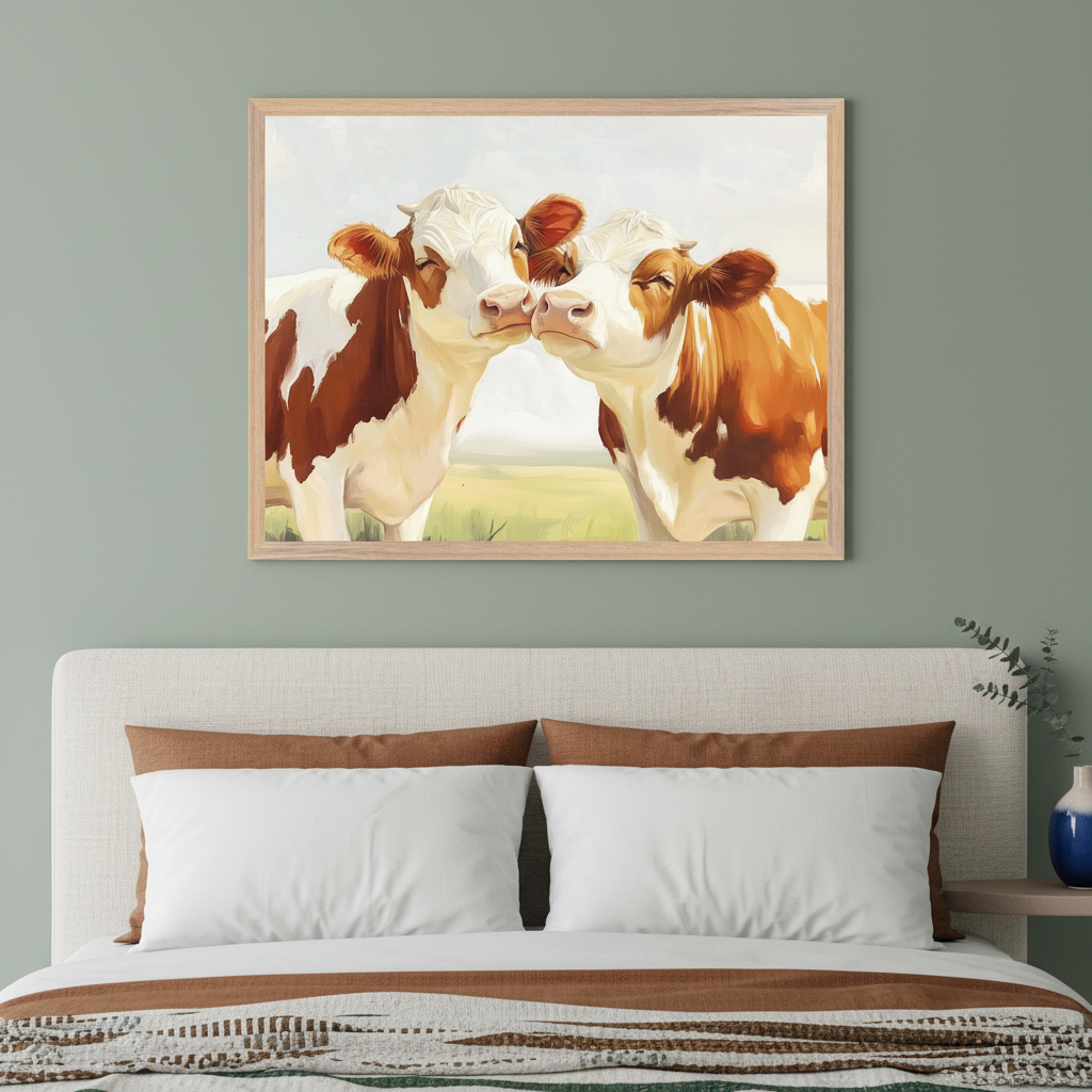 Modern bedroom with a cream-colored upholstered bed and headboard. A large framed painting of two brown and white cows nuzzling in a green field under a light sky hangs centered above the bed.