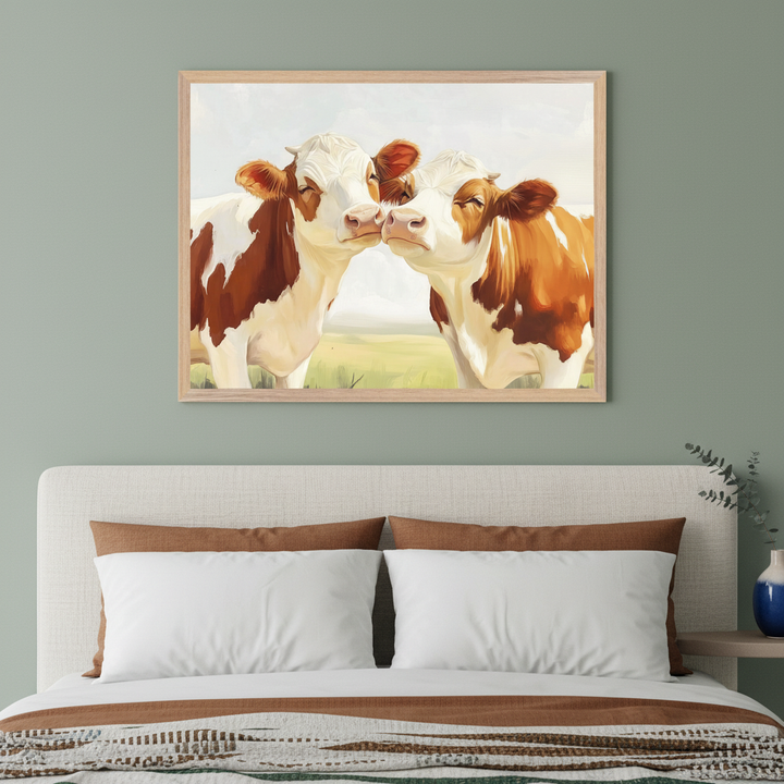 Modern bedroom with a cream-colored upholstered bed and headboard. A large framed painting of two brown and white cows nuzzling in a green field under a light sky hangs centered above the bed.