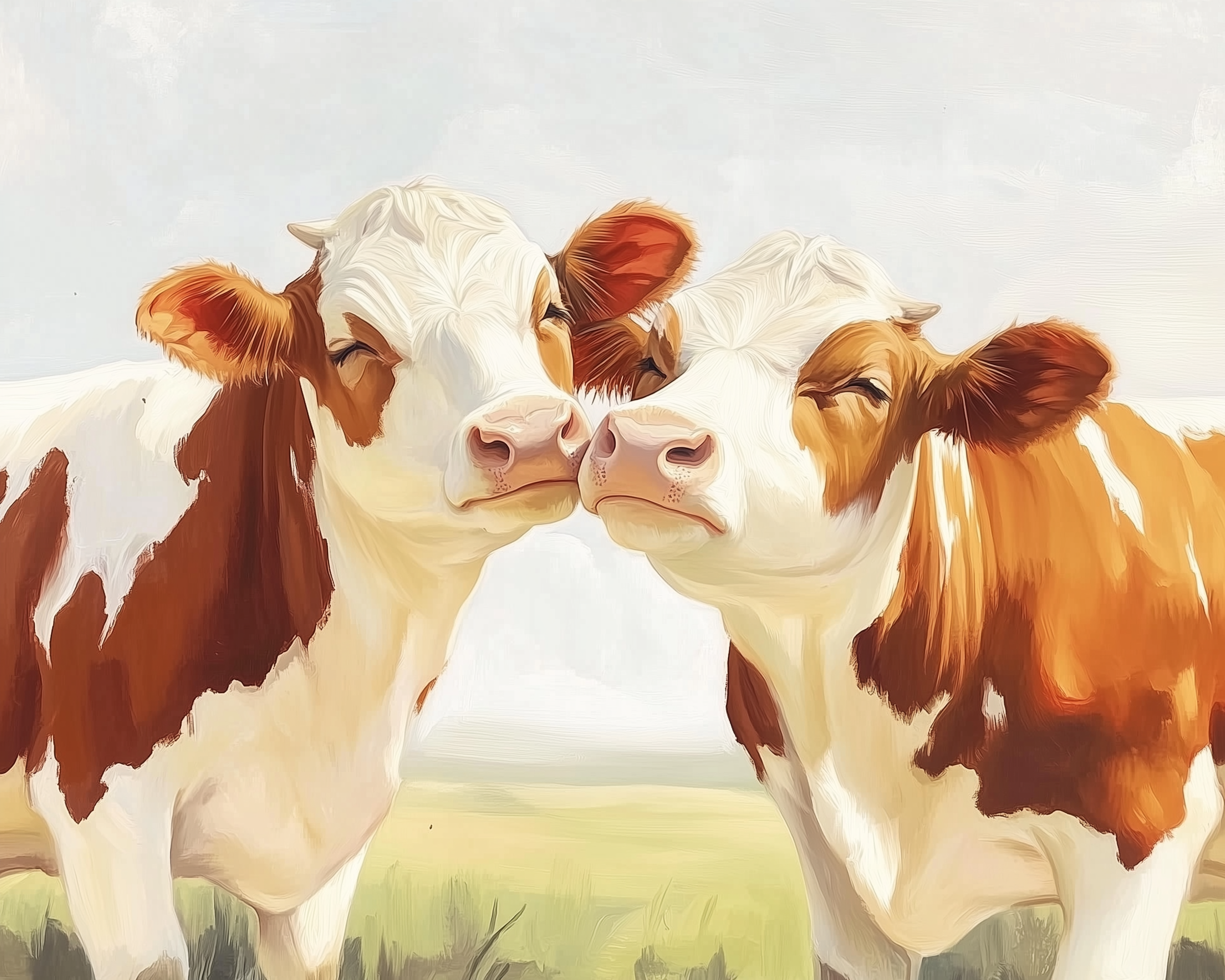 Two light brown and white cows gently touch noses in a grassy field under a soft, cloudy sky.