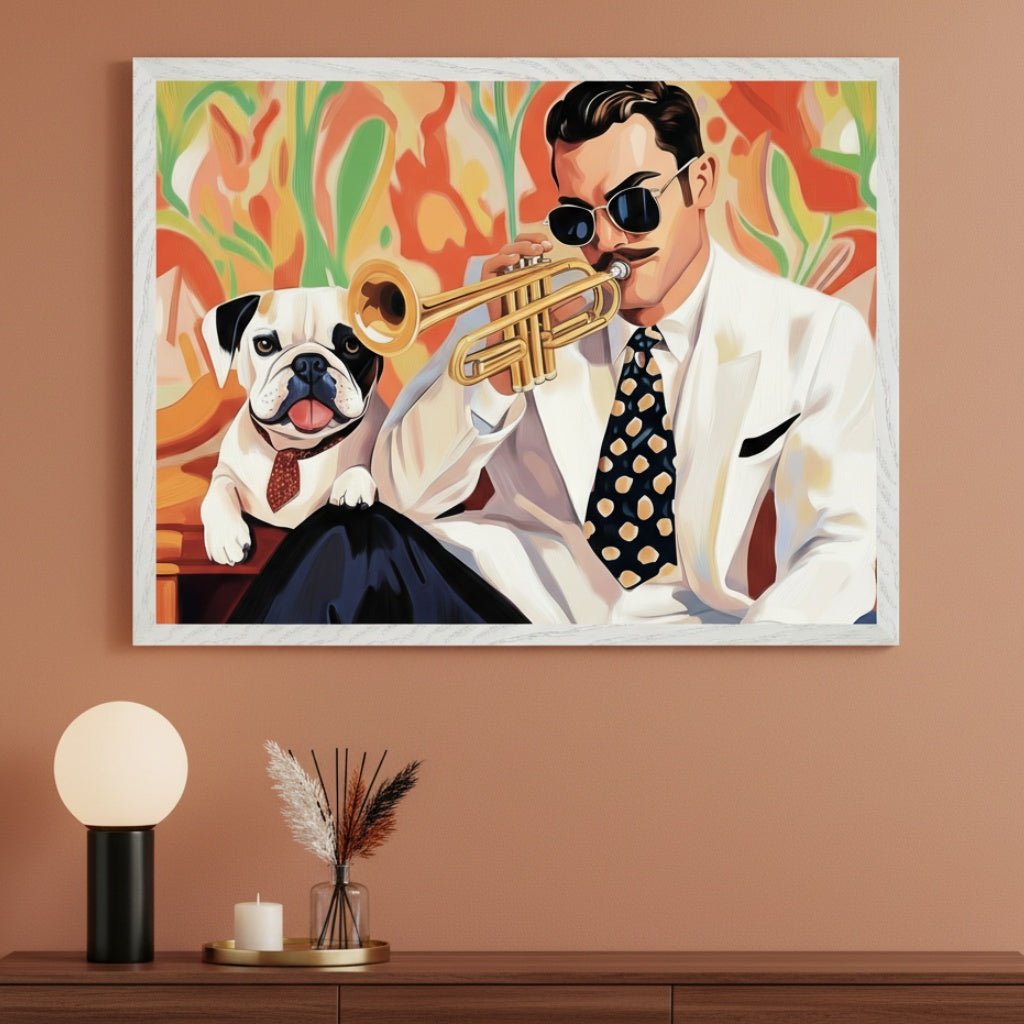 Modern room with a warm brown wall. A framed, stylized art print of a man in a white suit playing a trumpet next to a bulldog hangs above a wooden dresser. A lamp, candle, and vase are on the dresser.