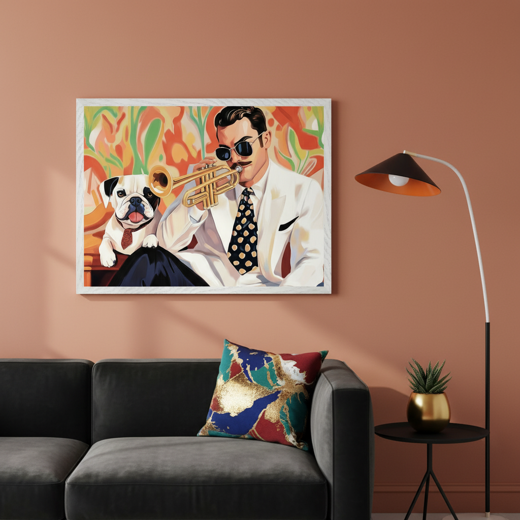 Living room with a dark gray sectional sofa. A large framed painting hangs above the sofa, depicting a man in a white suit and sunglasses playing a trumpet, with a bulldog in a tie beside him, against an abstract colorful background.