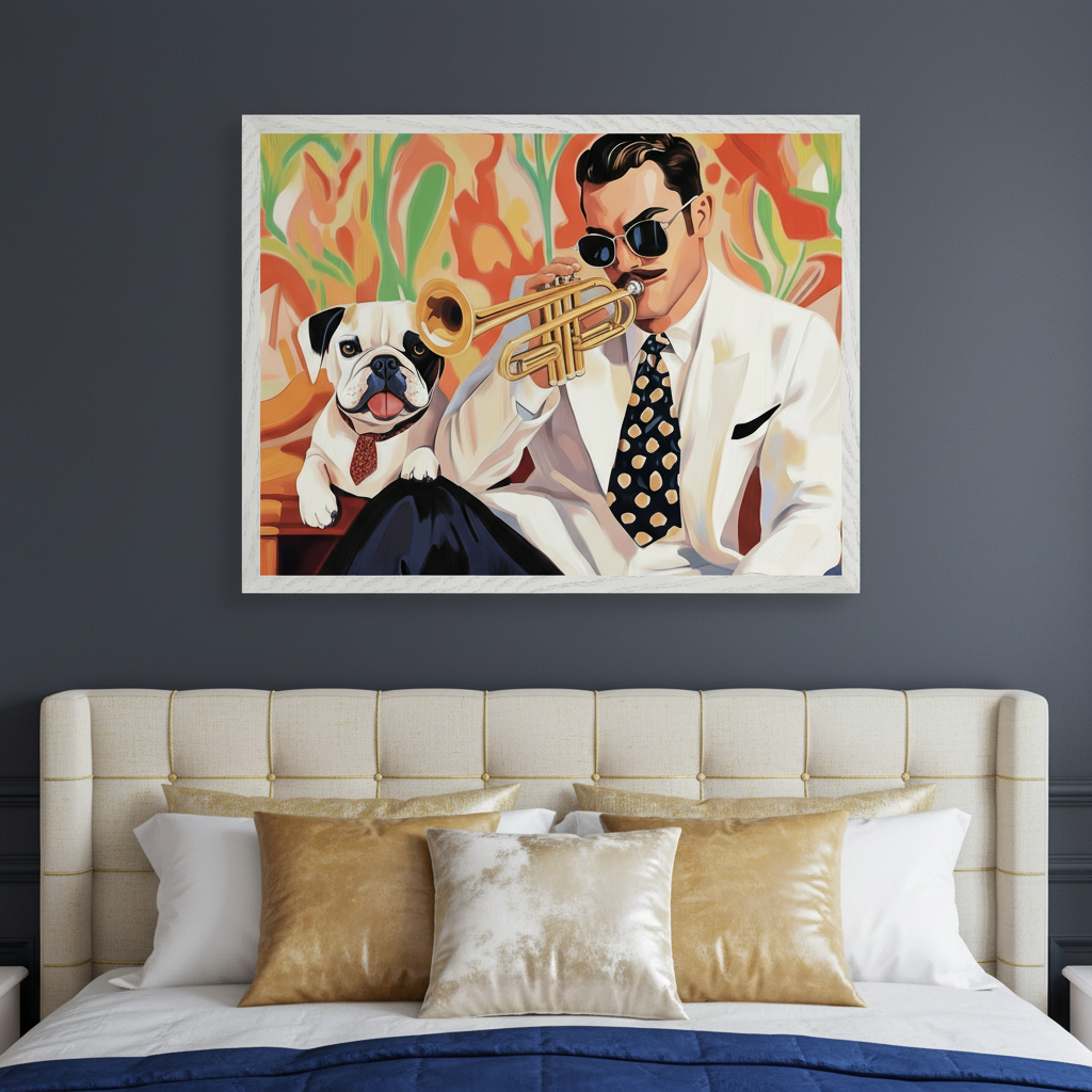 Bedroom with a beige tufted headboard bed and gold pillows. Above the bed, a large framed painting shows a man in a white suit and sunglasses playing a trumpet, with a bulldog in a red tie beside him. The background is a vibrant abstract design.