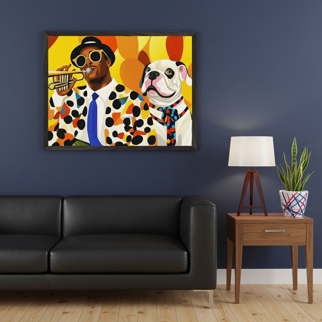 Modern living room with a black leather sofa. Framed wall art of a man in a polka-dot shirt and sunglasses playing a trumpet next to a bulldog in a tie, in a vibrant, illustrative style, hangs above the sofa. A wooden side table with a lamp and plant is to the right.